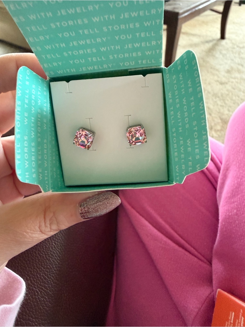 Origami Owl Pink Faceted Square Stud Earrings